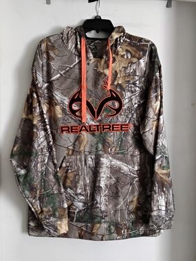 Realtree Camo Hoodie with Orange Logo and Drawstrings